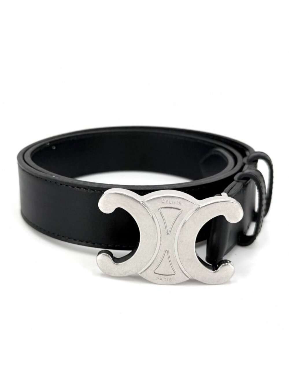 Celine Belt Triomphe Simple Leather Black Silver - Picture 1 of 6